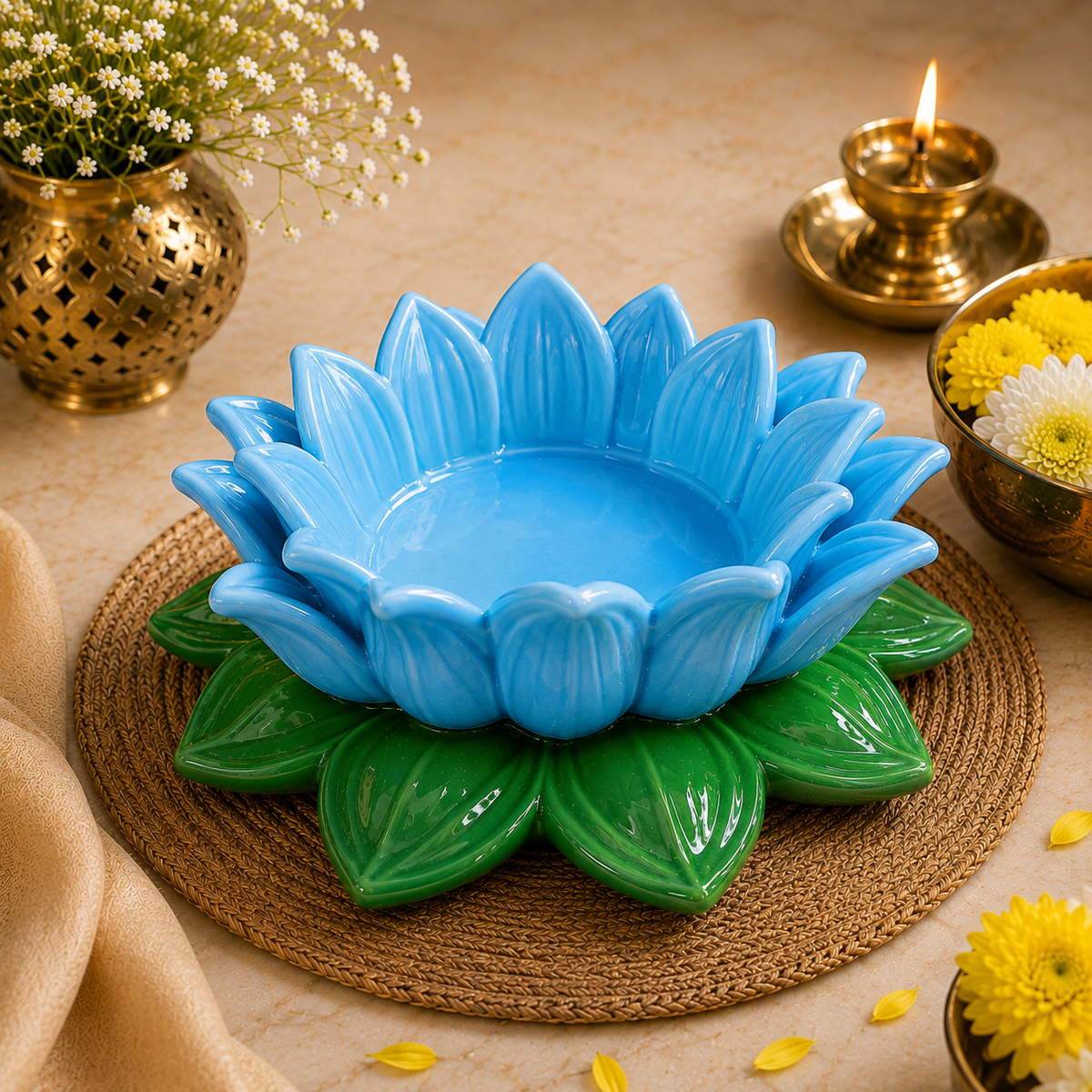 Sky Blue Green Lotus Aasan-Urli bowl for idols.