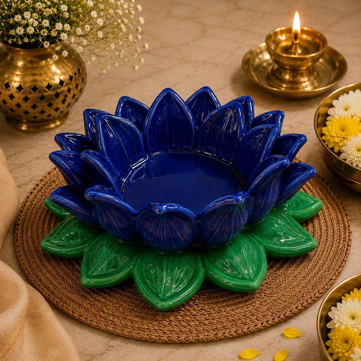 Dark Blue Green Lotus Aasan-Urli bowl for idols.