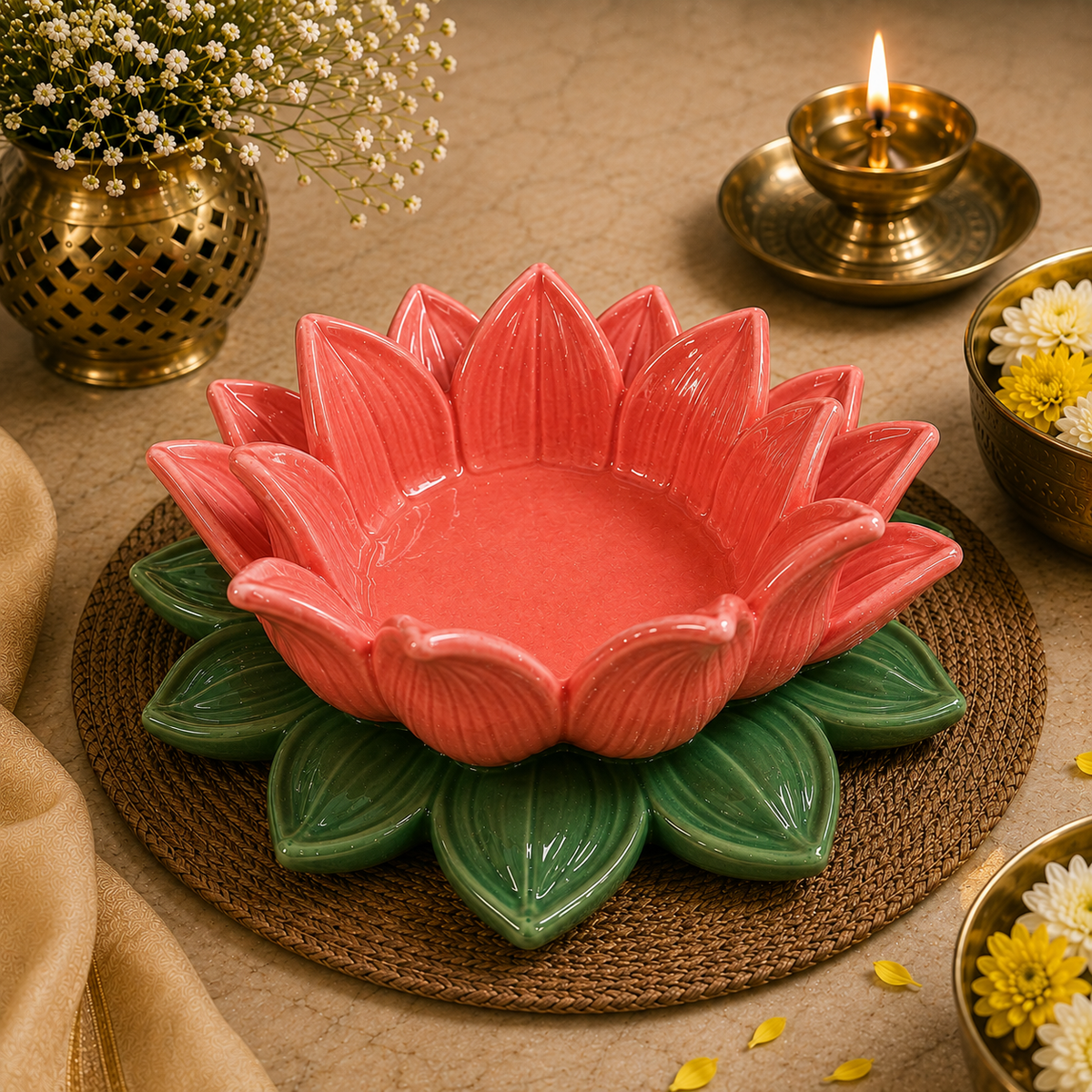 Red green Lotus Aasan-Urli bowl for idols.