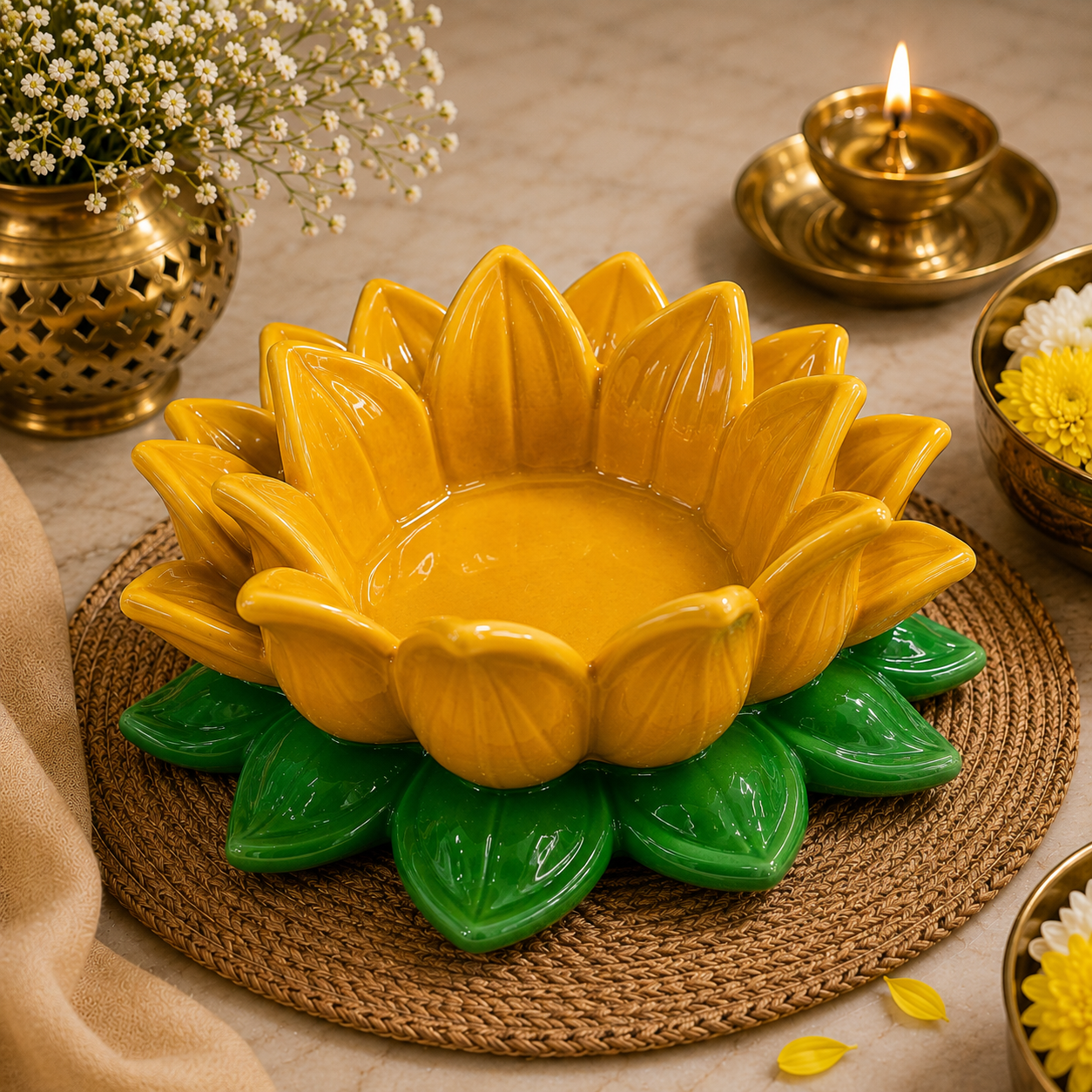 Mustard Green Lotus Aasan-Urli bowl for idols.