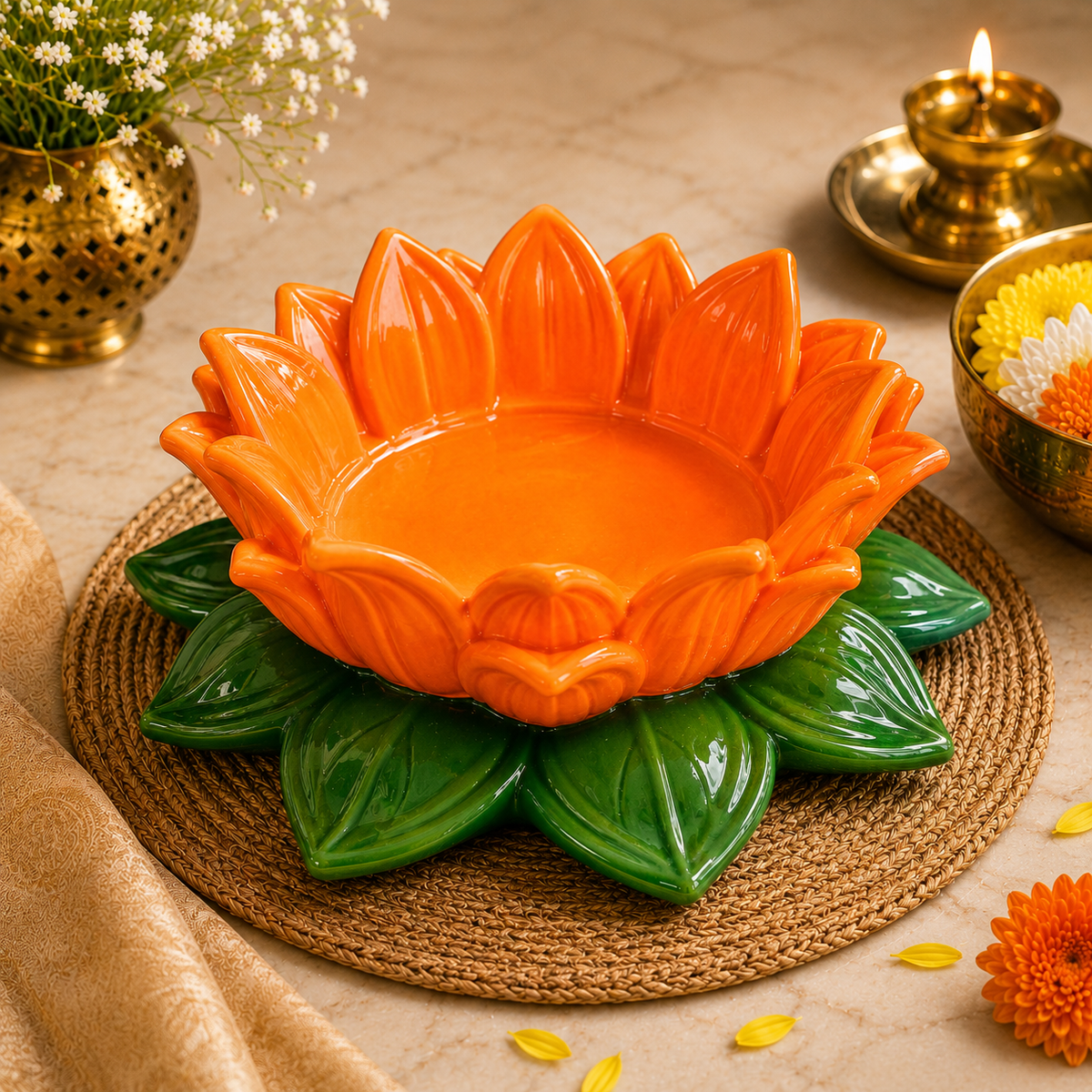 Orange Green Lotus Aasan-Urli bowl for idols.