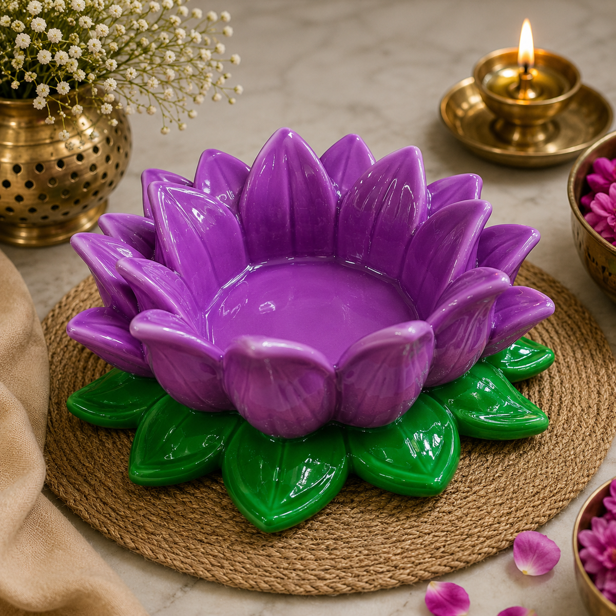 Violet Green Lotus Aasan-Urli bowl for idols.
